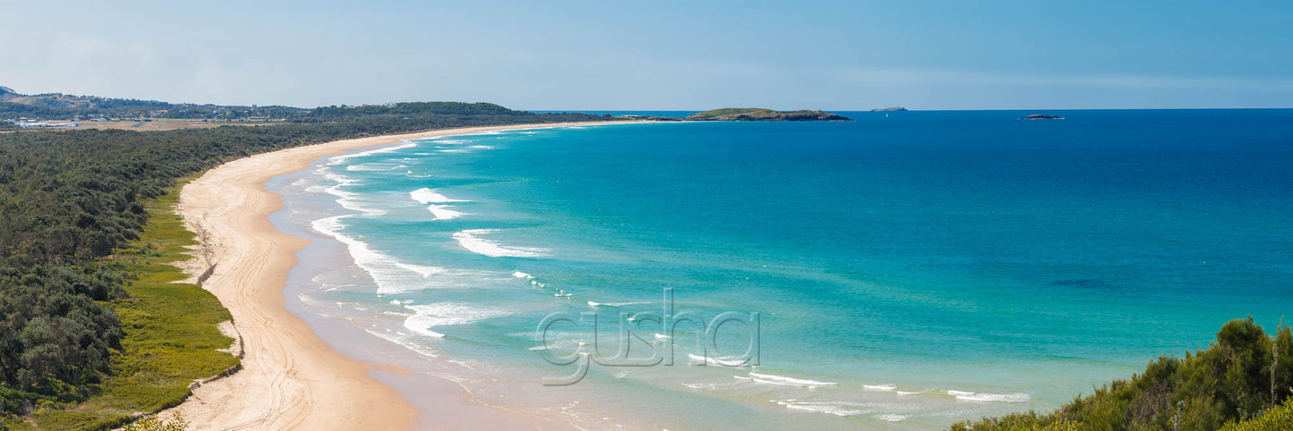 Panoramic photo of Boambee Beach