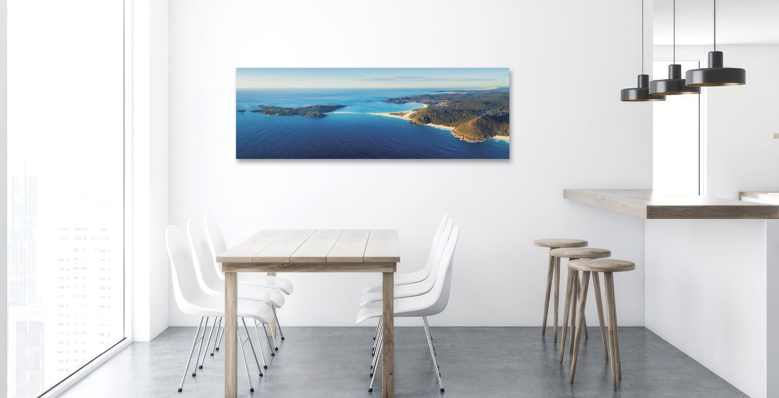 Print-on-kitchen-wall-featuring-Fingal-Bay-view
