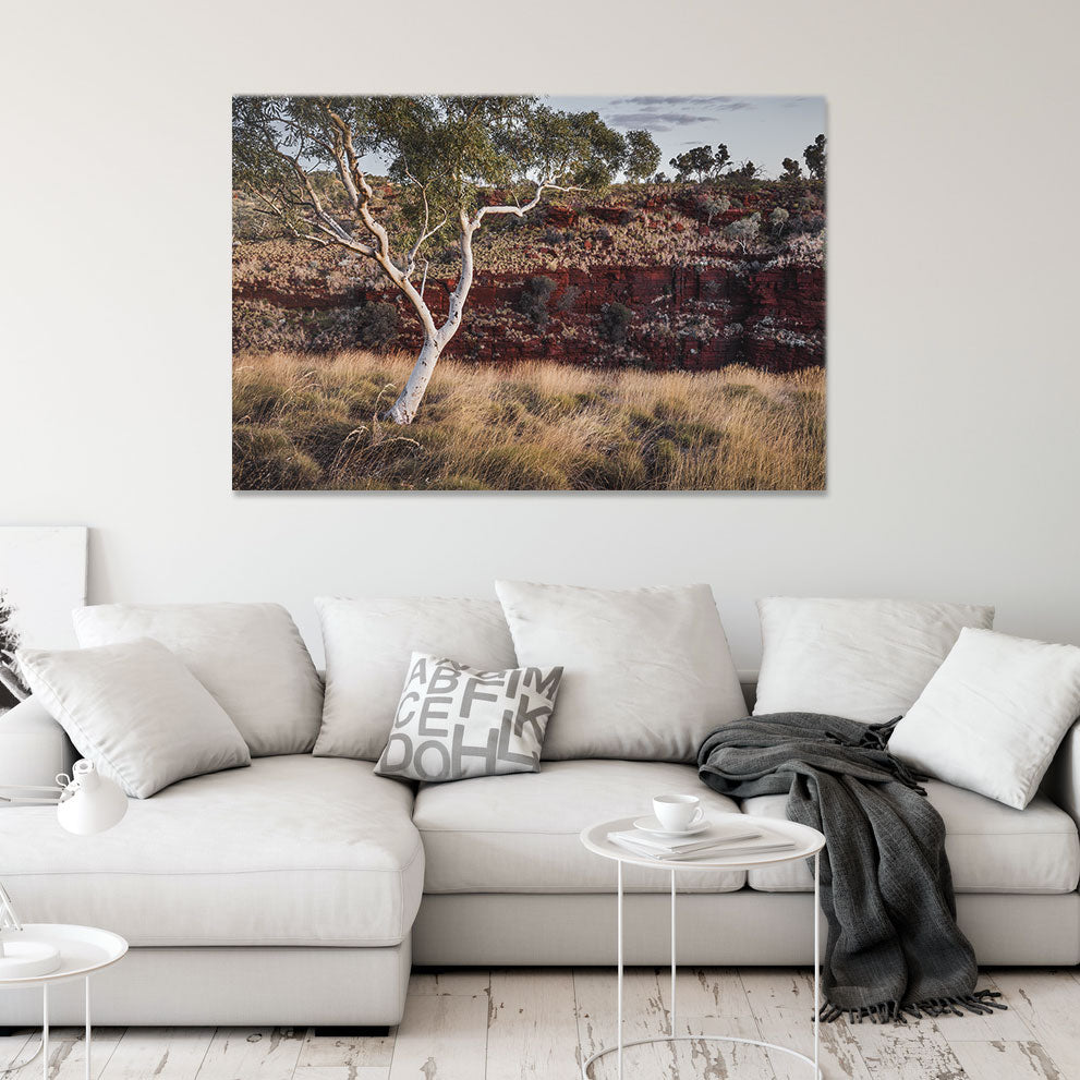 White gum wall print hanging above white sofa in living room 