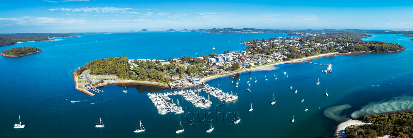 Panoramic aerial photo of Soldiers Point at Port Stephens