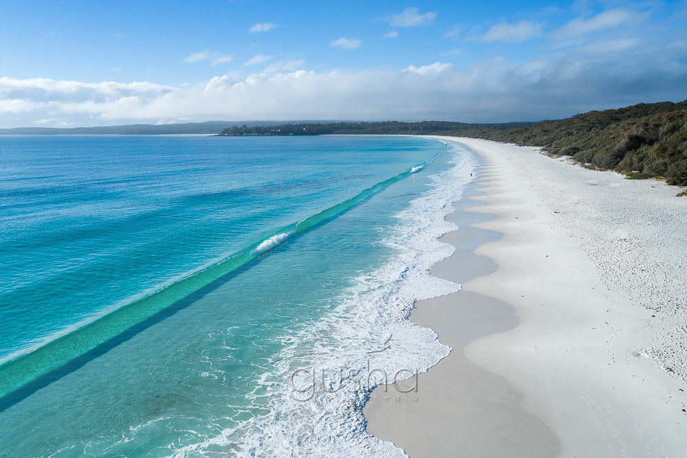 An aerial photo of Hyams Beach, Australia