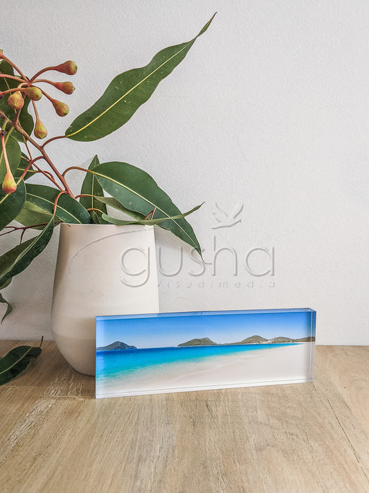 Acrylic desk block featuring Shoal Bay PS0423