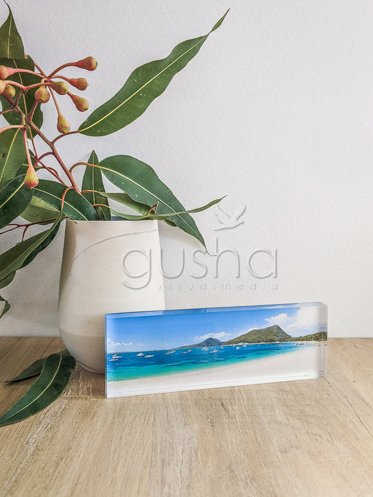 Acrylic desk block featuring Shoal Bay PS1137