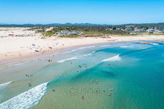 An aerial photo of Birubi Beach at Port Stephens, Australia