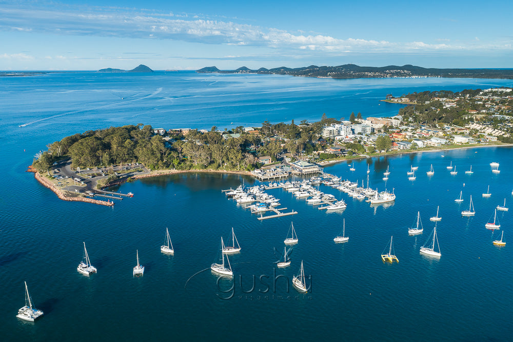 An aerial photo of Soldiers Point and the marina at Port Stephens, Australia