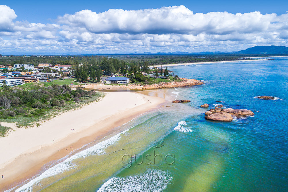 An aerial photo of the beach at South West Rocks, Australia