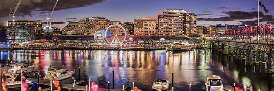 The view west over Darling Harbour at dusk.