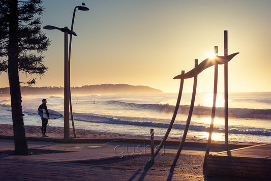 Captured at sunrise this is a photo of a surfer standing at the shoreline surveying the surf at Dee Why Beach in Sydney, Australia.