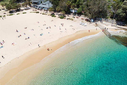An overhead photo of Shelly Beach and the kiosk at Shelly Beach in Sydney, Australia.