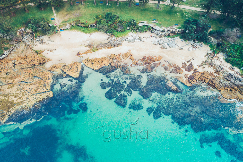 An overhead photo of Delwood Beach at Manly in Sydney, Australia.